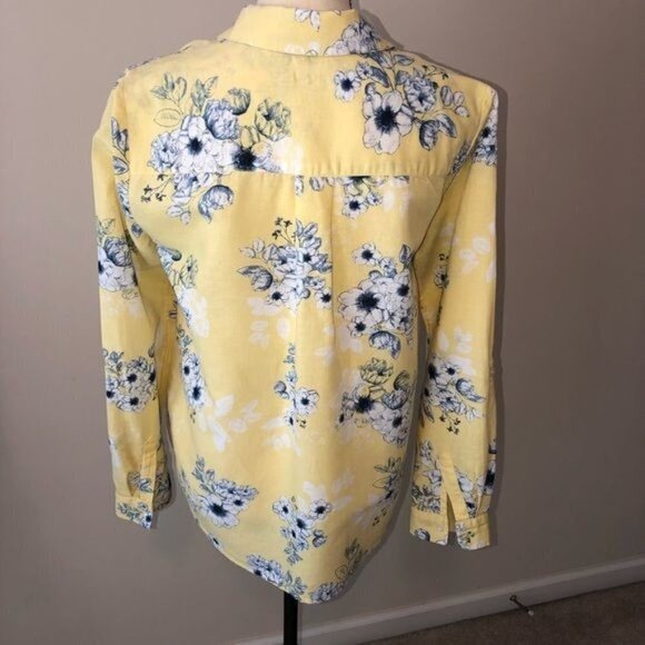 Charter Club Size S Linen Button Front Floral Blue Print Yellow Long Sleeve - Picture 6 of 8